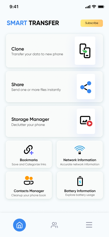 Home screen of the Smart Transfer app displaying features including Clone, Share, Storage Manager, Contact Manager, Network Information, Bookmark Manager, and Battery Info.